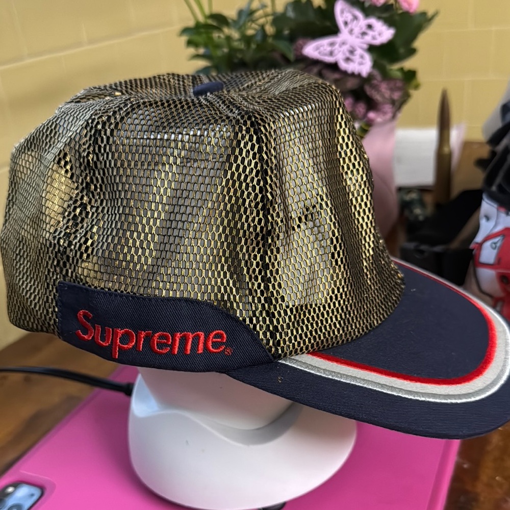 Supreme Gold Mesh Cap with Navy and Red Accents